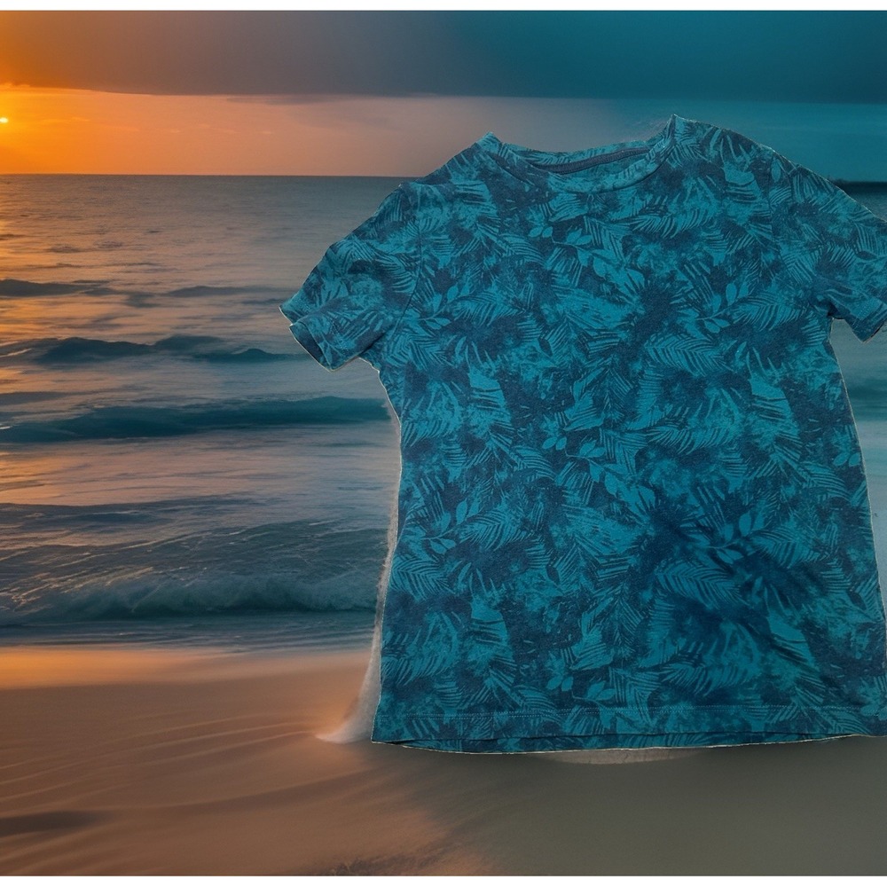 Old Navy Boys Medium 8 Tropical Palm Leaf Tee Blue Teal Summer Beach Shirt